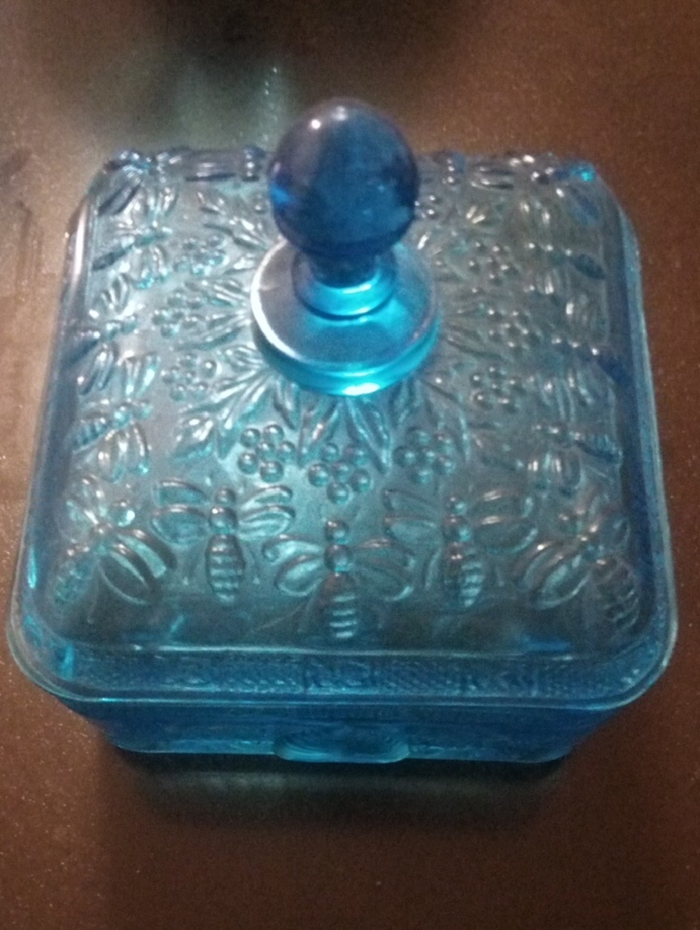 Blue Pressed Glass Covered Trinket Dish